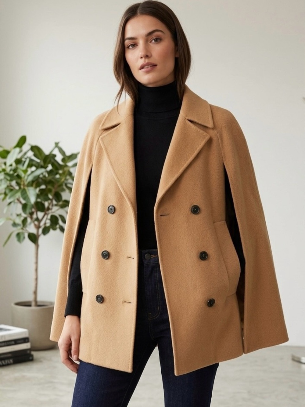Theory Camel Double-Breasted Wool cashmere Cape Coat